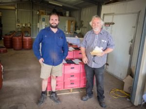 Brian and Spencer with the freshly picked Shiraz grapes